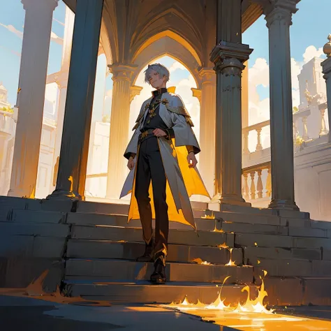 Attention to detail, Clarity, 8 kilometers, Throne of Fire, Young man, 18-year-old, Light grey hair, short hair, Yellow Eyes, Blue sky in the background, Walk up the flaming stairs to the heavens、To the throne before me, realism, Fantasy,