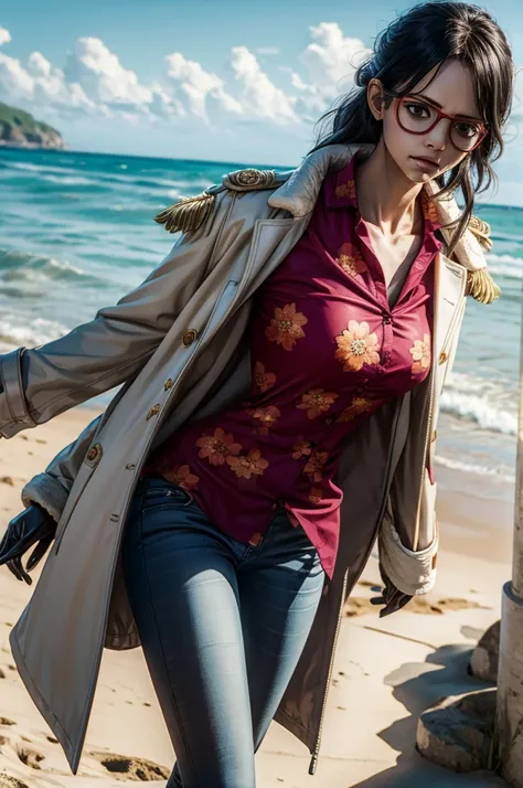 masterpiece, best quality, ultra-detailed, Tashigi, black hair, glasses, epaulettes, gloves, red-framed eyewear, coat, shirt, jeans pants, brown eyes, floral print, floral print shirt, in a beach, cowboy shot, serious, closed mouth, realistic, volumetric l...