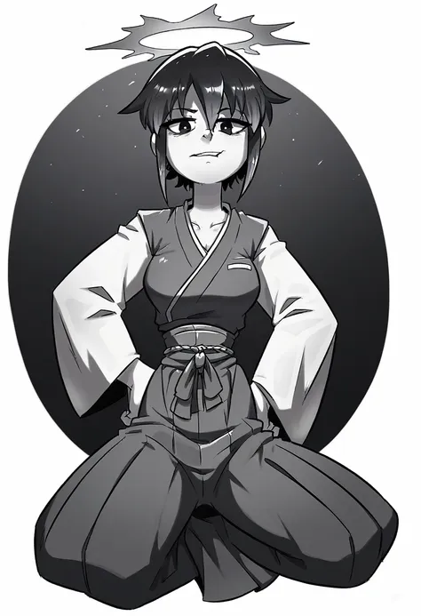 girl, medium ruffled layered hair, black eyes, open belly, masterpiece, hiquality, good detail, hakama outfit with stomach expos...