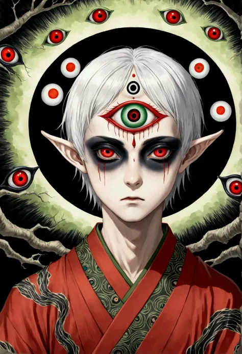 Japanese Anime，Horror style，horror character，(((The boy with three eyes，Realistic third eye，Dark eyeshadow.Middle-parted white hair-super short hair，Elf ears))),(((Gorgeous Japanese red kimono，Eye Diagram，Dark Pattern))).(((Thin waist，Greenbelt：1.37)))