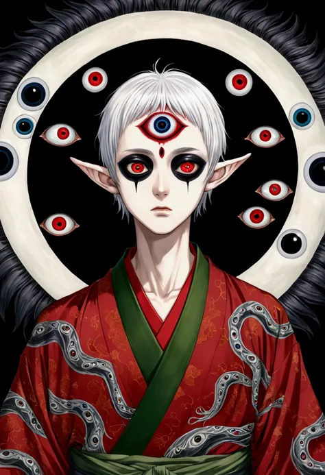 Japanese Anime，Horror style，horror character，(((The boy with three eyes，Realistic third eye，Dark eyeshadow.Middle-parted white hair-super short hair，Elf ears))),(((Gorgeous Japanese red kimono，Eye Diagram，Dark Pattern))).(((Thin waist，Greenbelt：1.37)))