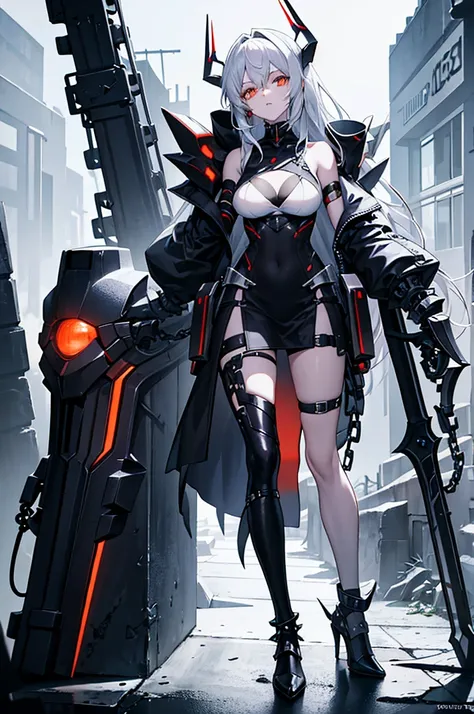 *Clothing:** She wears a very open black top, exposing part of her bust and abdomen. His garment features sharp, jagged shoulder pads, with sleeves that appear to blend into metallic or cybernetic structures. Her skirt or bottom consists of several metal s...