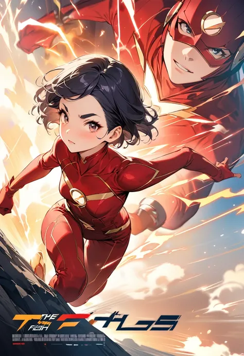 (masterpiece, best quality,ultra highres), (movie poster art,title  of "the flash"),In the center of the poster, girl in running pose,(girl,16yo,(darkblue wavy-short hair),thick eyebrows,middle small breasts),(wearing "the flash" costume),