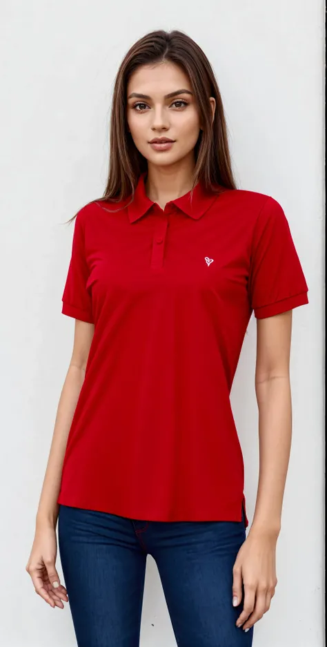 a woman in a vermelho shirt and jeans poses for a picture, vermelho shirt, vermelho t-shirt, vestindo camisa polo, manga curta, only vermelho colour, vermelho uniform, vermelho clothes, simples, bright vermelho, vermelho sport clothing, wearing vermelho cl...