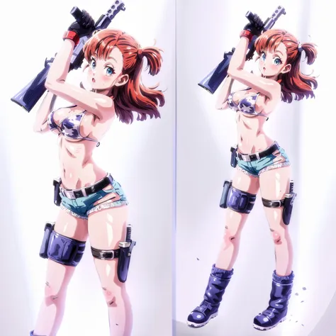 1girl, solo, gun, weapon, shorts, swimsuit, bulma, holster, boots, bikini, red hair, gloves, breasts, one side up, bikini top on...