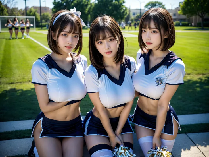 (RAW photo, 4k, masterpiece, high resolution, extremely complex) (realistic: 1.4), cinematic lighting
 ((2 girls, 2 schoolgirls)),blushing,((innocent)),bright eyes,round eyes,blunt bangs,(short bob hair:1.3),black hair,large breasts,wide hips,Summer Noon, ...