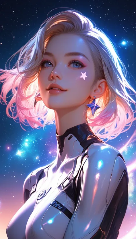 Attention to detail, Super Detail, Ultra-high resolution, Girl enjoying time in fantasy galaxy, Surrounded by stars, A warm light shines on her, The background is a starry sky，There are colorful galaxies and galactic clouds, The stars were flying all aroun...