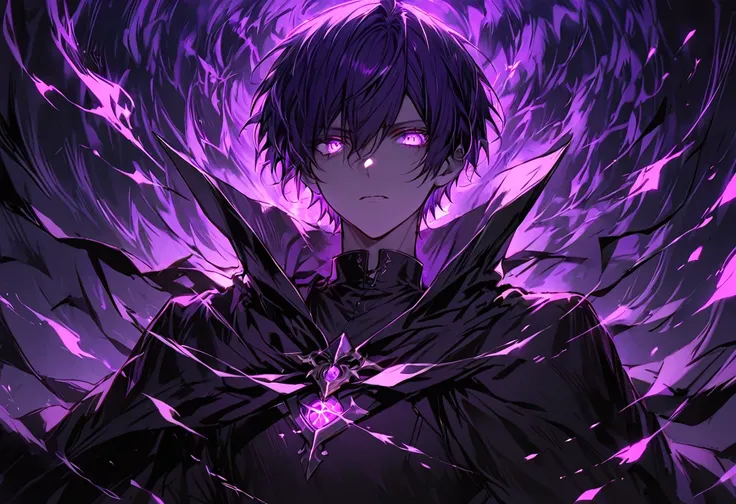 good looking, alone, 1 male, short hair, dark purple hair, purple eyes, black shirt, black cape, darkness, glowing eyes