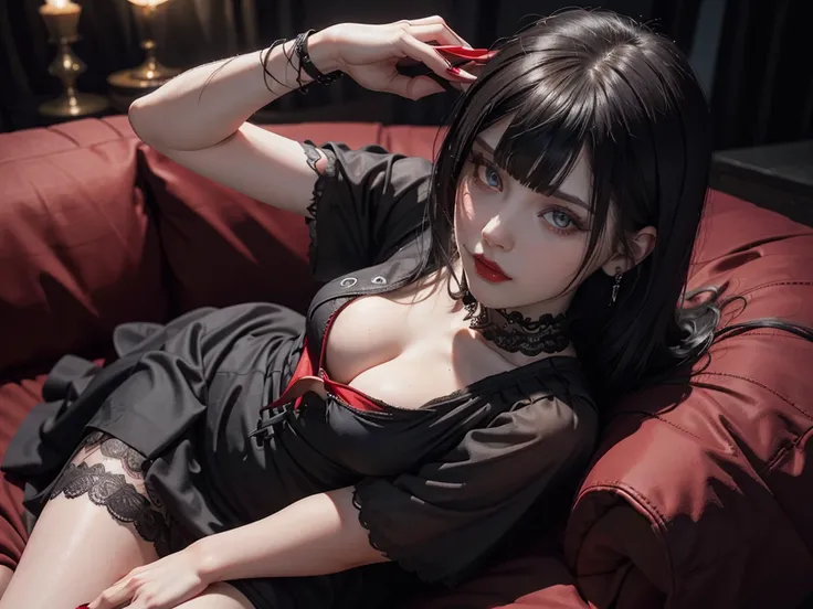 (best quality,highres),(realistic:1.37),dark,goth,woman, eyes,detailed face,black clothes,bobcut black hair,straight bangs,pale skin,red lipstick,intense expression,mysterious atmosphere,gothic background,dim lighting,night,vivid colors, fishnets, topless,...