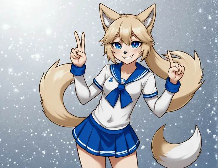 Solo, score_9,score_8_up, score_7_up, an Anthro furry wolf girl, kemono style, silver furry body, tall, hourglass figure,  silver wolf tail, golden blonde hair, hair in a ponytail, beautiful opalescent blue eyes, black nose, wearing blue and white cheerlea...