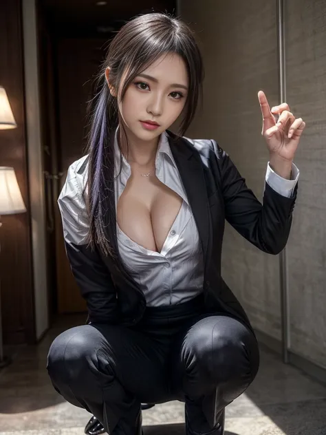 Beautiful woman, 25 years old, high ponytail, bright purple hair (like bright silver), perfect purple hair, Beautiful breasts, (Realistic skin),elegant upper class wearing a black pantsuit, black jacket, white shirt, cleavage visible, black pumps, and a bu...