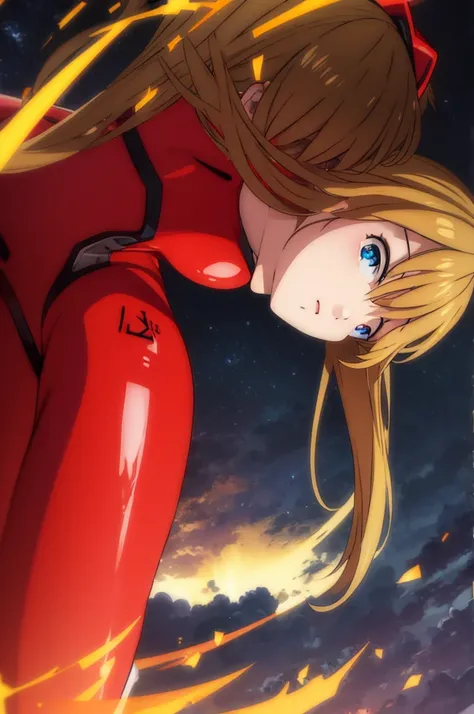 asukalangley, asuka langley soryu, (souryuu asuka langley:1.2), long hair, bangs, blue eyes, brown hair, hair ornament, BREAK bodysuit, pilot suit, plugsuit, (red bodysuit:1.5), interface headset, BREAK outdoors, city, sky, clouds, sun, BREAK looking at vi...