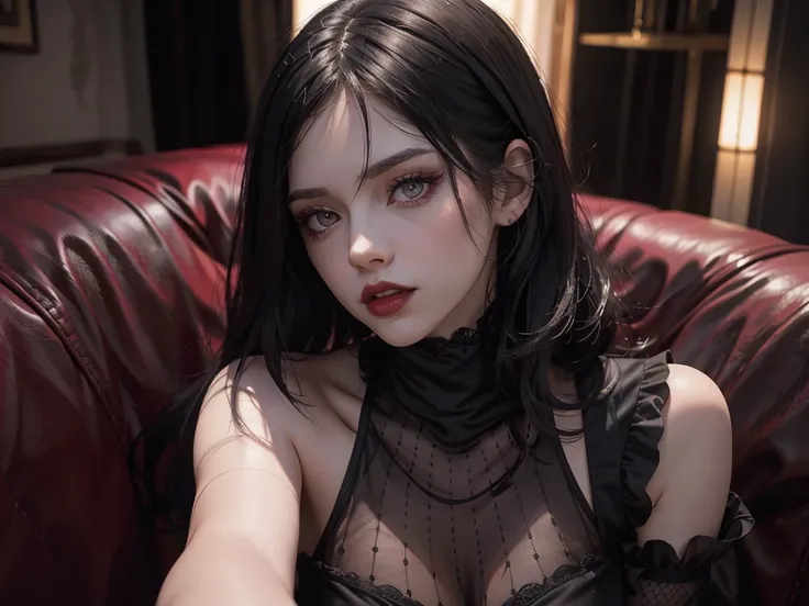 (best quality,highres),(realistic:1.37),dark,goth,woman, eyes,detailed face,black clothes,bobcut black hair,straight bangs,pale skin,red lipstick,intense expression,mysterious atmosphere,gothic background,dim lighting,night,vivid colors, fishnets, topless,...