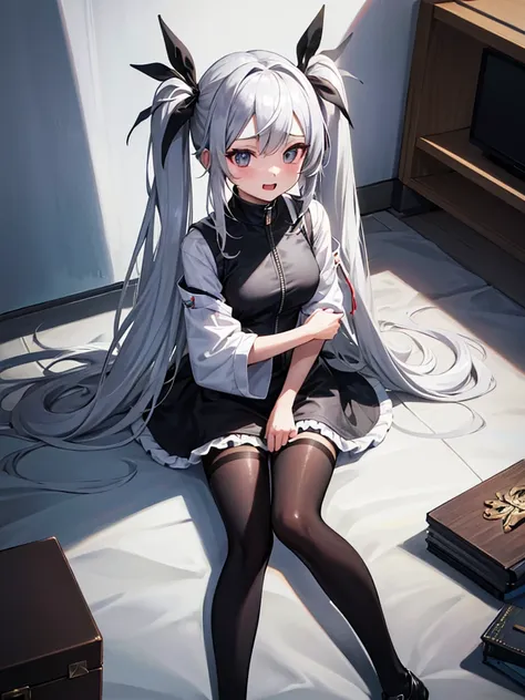 from above,silver hair, twintails, very long hair, アニメ, best quality, masterpiece、black mini skirt、black high neck half zipper、b...