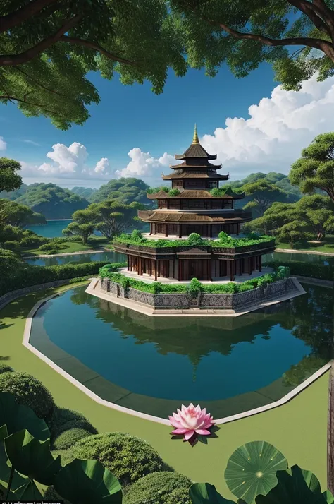 An island the exterior part of island should be like lotus petals the centre of island will have a palace that looks like lotus but in black colour and adorned with big Ruby diamond and the trees in the island should be in pink colour and the ocean must be...