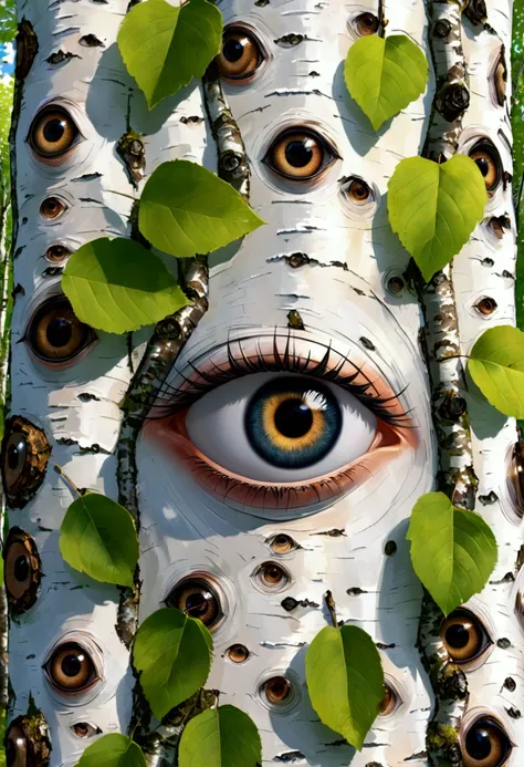 Close-up of eyes on birch tree