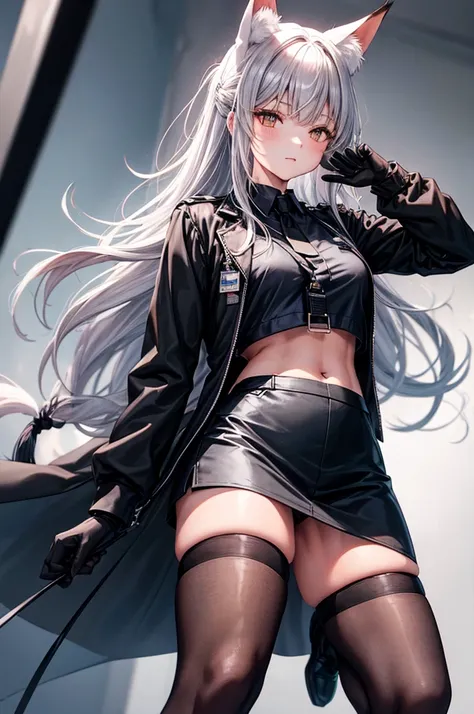 frankabase, long hair, fox tail, collared shirt, grey shirt, id card, black gloves, black skirt, black thighhighs, uneven legwea...