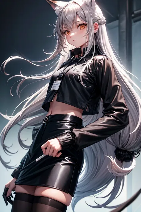 frankabase, long hair, fox tail, collared shirt, grey shirt, id card, black gloves, black skirt, black thighhighs, uneven legwea...