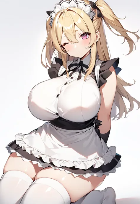 (One girl)、medium length hair、(sidelock)、((Blonde))、(slan eyes)、cute、(Big super breasts)、(Chubby)、Maid、No sleeve、mini skirt、White sleeveless、thigh-high socks thighhighs、(long gloves)、hairs between eyes、(coarse hair)、pink eye、expressionless、one eye closed、a...