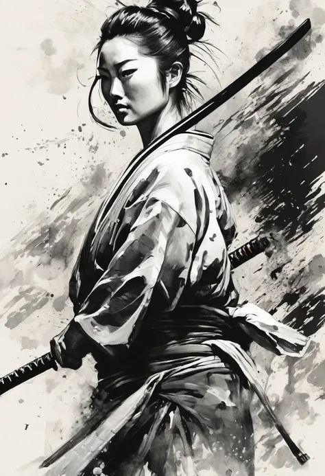 Black and white painting,Ink Painting,splash,Topknot,warrior（Ronin Style）,kimono,Attack with a Japanese sword,Composition from the front,Uplifting,shortage々Beautifully flowing brush strokes,Contours are not shown、Draw with shades of ink