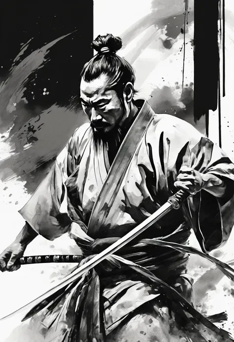 black and white painting,ink painting,splash,topknot,warrior（ronin style）,40-year-old male,kimono,he pulls out his japanese swor...