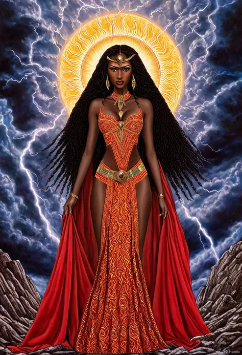 a hyper realistic painting of a woman (nigerian) with a sword and a red cape, dark skin female goddess of love, goddess dos vent...