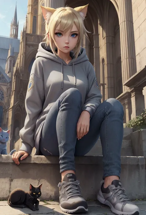 score_9, score_8_up, score_7_up, source_anime, rating_safe, digital art, 1girl, solo, blonde hair, blue eyes, gray hoodie with cat ears, jeans, multicolored shoes, sitting, cathedral steps, detailed background, afternoon light, realistic style