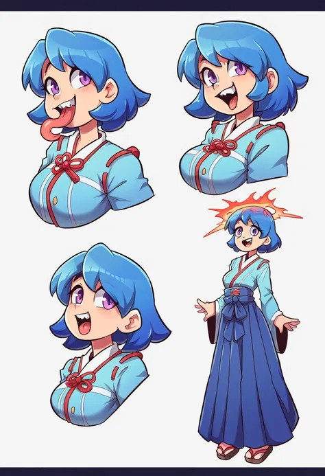 girl, medium ruffled layered blue hair, purple eyes, open belly, masterpiece, hiquality, good detail, sticking out tongue, long ...