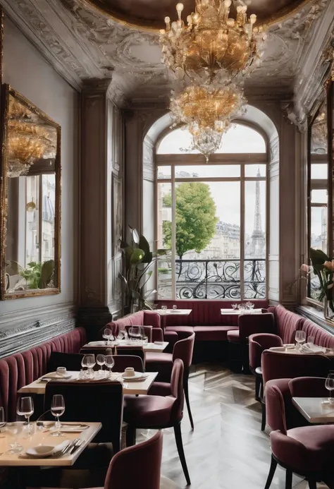 a realistic photo of the interior of a chic restaurant in paris