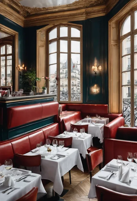 a realistic photo of the interior of a chic restaurant in paris