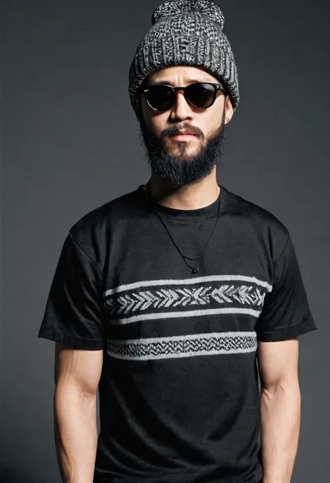 super high quality、male、knitted hat、black、upper body、sunglasses、beard、rapper、game shirt、monotone