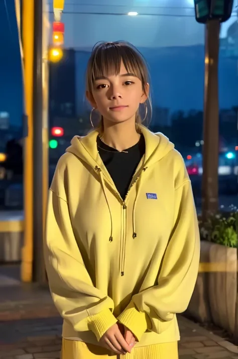 a stunning intricate full color portrait of a beautiful woman, yellow hoodie , during a midnight stroll, funny, bounced lighting...