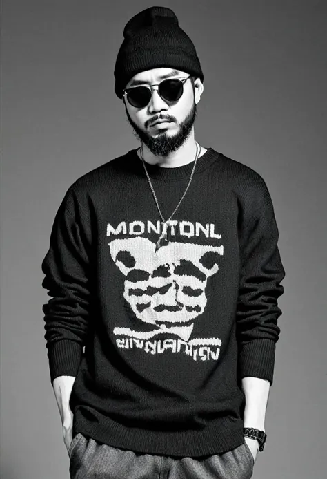 super high quality、male、1 person、knitted hat、black、upper body、sunglasses、beard、rapper、game shirt、monotone