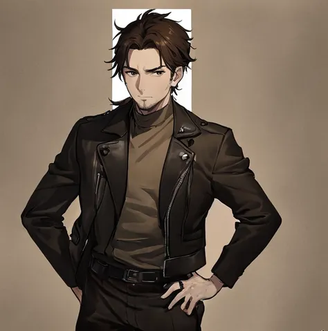 ((Highest quality)), ((masterpiece)), (detailed), ((One mature male))、(mature male)、(40-year-old male)、((A photo showing your thighs to the top of your head))、(Standing straight, facing the camera)、Brown Hair、Iris、low ponytail、(Glaring at the camera)、black...