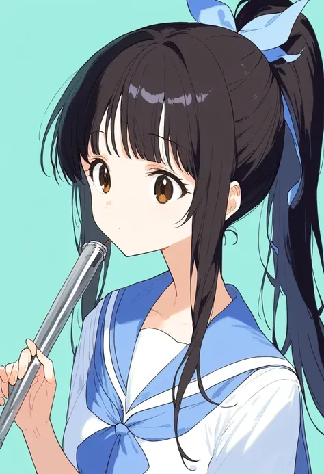 Dark brown and black hair、Long Hair、Straight Hair、High ponytail、(/Nozomi Kasagi)、1 person、Single person,独奏,Anime characters、girl、Expressionless、Playing the flute、Upper body only、Sailor suit with light blue collar、A white sailor suit with a light blue ribbo...