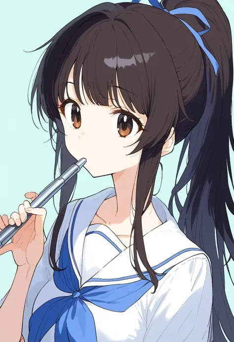 Dark brown and black hair、Long Hair、Straight Hair、High ponytail、(/Nozomi Kasagi)、1 person、Single person,独奏,Anime characters、girl、Expressionless、Playing the flute、Upper body only、Sailor suit with light blue collar、A white sailor suit with a light blue ribbo...