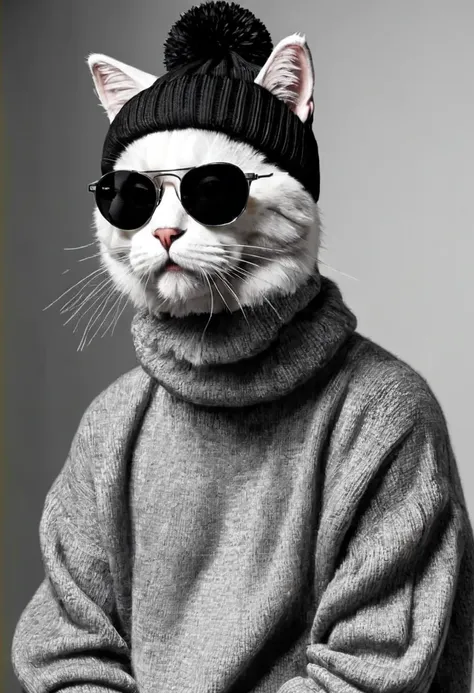 super high quality、[cat]、knitted hat、black、upper body、sunglasses、beard、rapper、game shirt、monotone