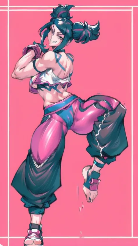 Full body image of Juri Han from Street Fighter 6, From head to toe, wearing her outfit from street fighter 6, jogger pants, female body, athletic body, dynamic pose, detailed pose, simple background, expressive face showing a mischievous grin, focus on fa...