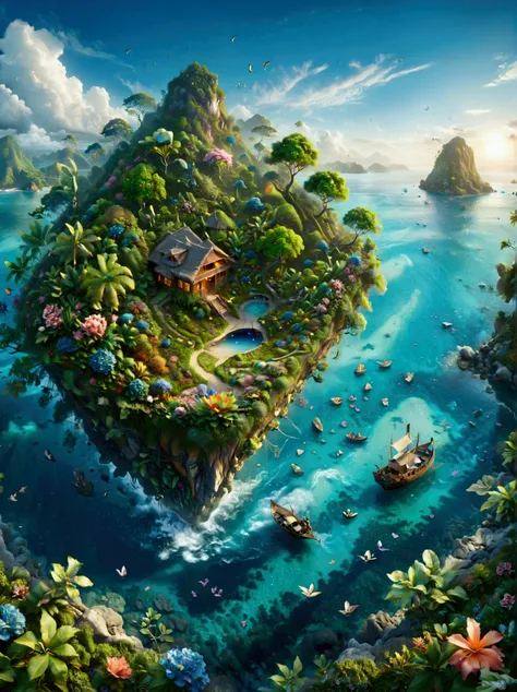 (bird&#39;s eye view:1.5)，an ancient treasure map，horizon leading to an exotic island。the island is covered with lush tropical v...