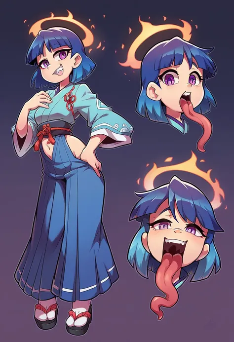 girl, medium ruffled layered blue hair, purple eyes, open belly, masterpiece, hiquality, good detail, sticking out tongue, long ...