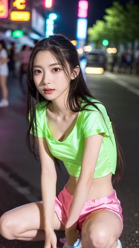 (on crowd night street, 1 girl, small breasts, neon pink satin t-shirts and shorts, cleavage, sneakers, medium long hair, straig...