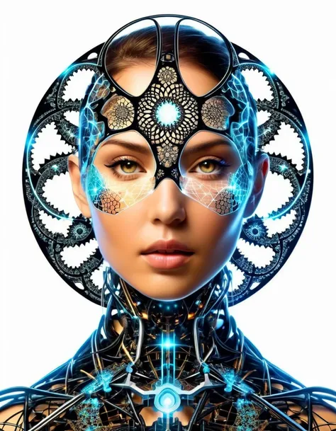 (Masterpiece, Fractal theme: 1.8). Mockup, female cyborg, Artistic stereoscopic measurement, Math, Artistic fantasy, Art Flower of Life sacred geometry, Sparks and surges, Sticker, Vector t-shirt art design, Prepare for printing, white bg, vibrant, Thin ou...