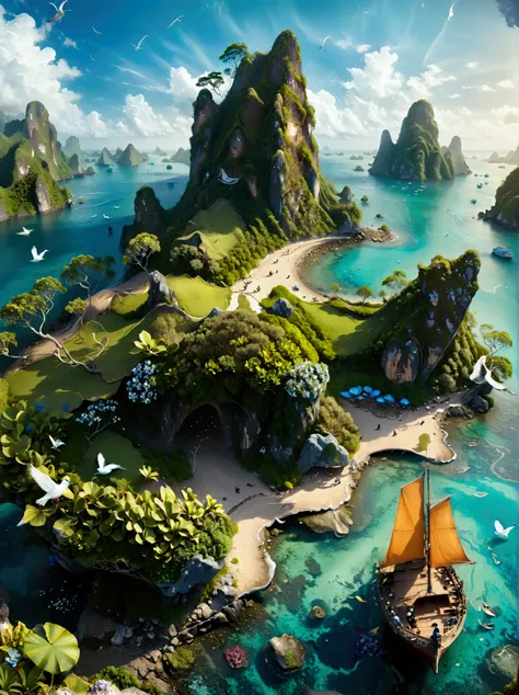 (bird&#39;s eye view:1.5)，an ancient treasure map，horizon leading to an exotic island。the island is covered with lush tropical v...