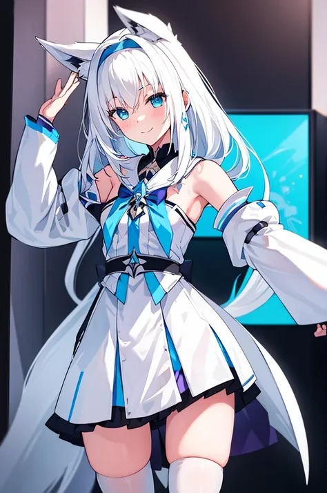 Mecha Wings、White and blue skirt、Accentuated thighs、White tights、chest、Beautiful white hair、1 girl、solo girl、Thick thighs、IS、Frame Arms Girl、Alice Gere Aegis、White Armor、Blue and purple lines、income、headphone、hand on own chest、smile