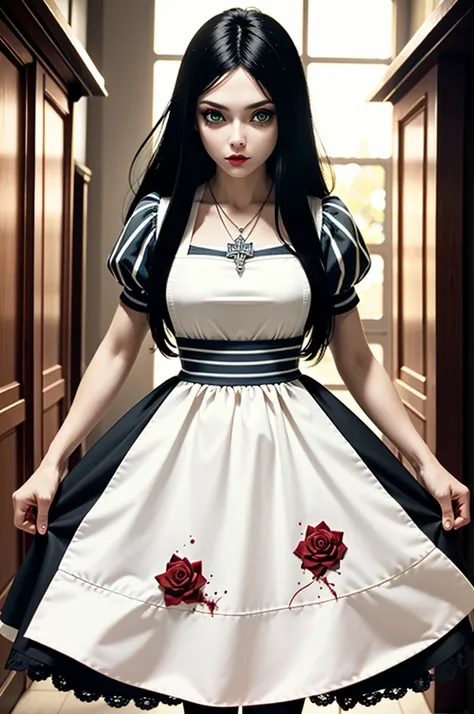 (masterpiece, best quality)
alisauzhasi, 1 girl, one, black hair, flower, dress, rose, blood, long hair, jewelry, apron, necklac...