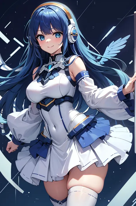 Mecha Wings、White and blue skirt、Accentuated thighs、White tights、chest、Beautiful dark blue hair、1 girl、solo girl、Thick thighs、IS、Frame Arms Girl、Alice Gere Aegis、White Armor、Blue and purple lines、income、headphone、hand on own chest、smile