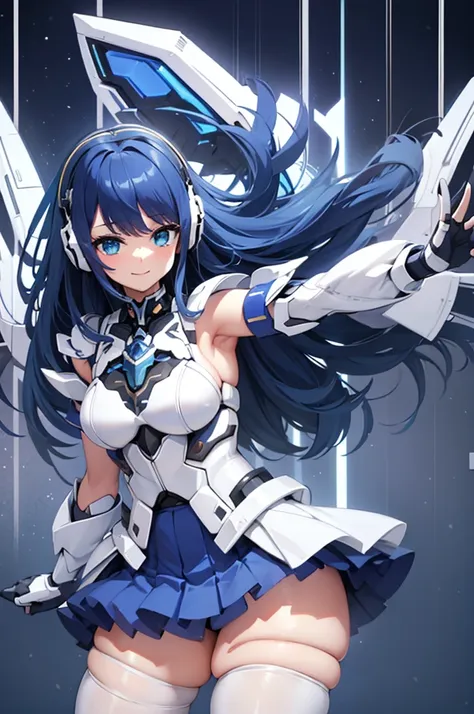 mecha wings、white and blue skirt、accentuated thighs、white tights、chest、beautiful dark blue hair、1 girl、solo girl、thick thighs、is...