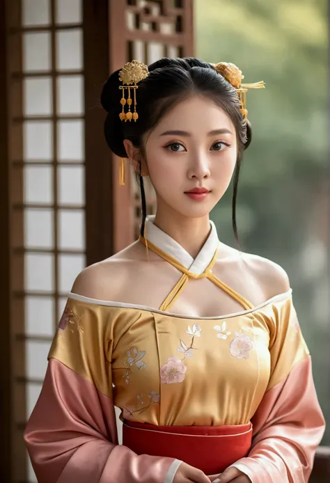 Best Quality, Masterpiece, High Resolution, 1girl, Hanfu, Tang Dynasty Costume, Small, Flat Chest, Collarbone, Off-the-Shoulder Exquisite Face, Realistic, Real People, (High Detail Skin: 1.4), SLR, Soft Light, High Quality, Photo, High Resolution, Backgrou...