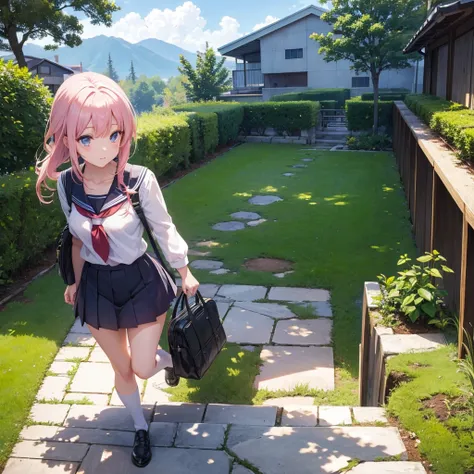 Anime School, centered, stone path, noon