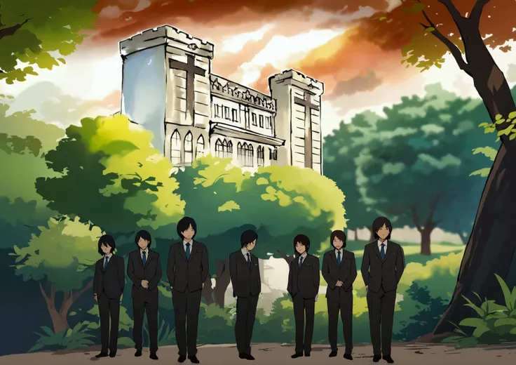 korean pastors  in suits standing in front of a building, castle scene , background artwork, palace background, church background, style of madhouse anime, in the anime film, japanese high school, style of leonardo da vinci painting, in japanese painting s...